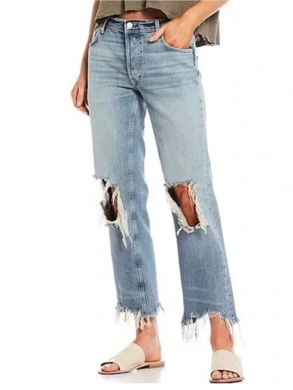 Free People Maggie Mid-Rise Straight Jeans Distressed Raw Hem Light Wash 29